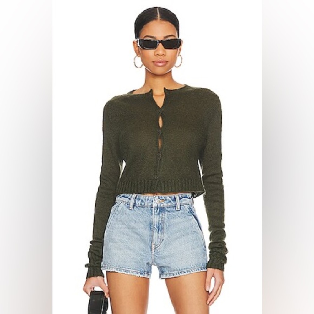 Danielle Guizio Fuzzy Mohair Blend Forest Green Cardigan Sweater.